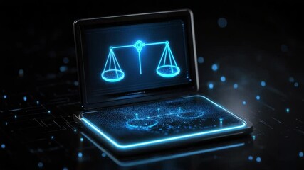 Wall Mural - digital representation of justice scales on a futuristic tablet showcasing technology and legal bala