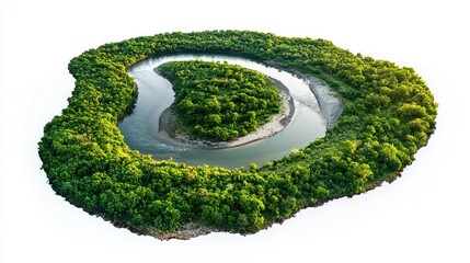 serpentine river surrounded by green forests and small rocky outcrops on white background.