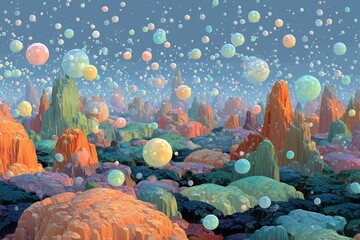 Canvas Print - colorful abstract landscape featuring floating bubbles and vibrant rock formations during a serene a