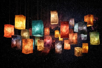 Wall Mural - colorful lanterns illuminate a cosmic backdrop, creating a stunning visual display in a dark night s