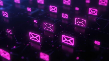 Wall Mural - neon email symbols in network connection background for digital communication and technology concept