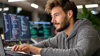 Bearded man works at a computer with code displayed on the screen