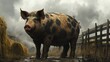 © Liliant - Spotted pig standing proud on muddy farm path with hay bale and fence, cloudy backdrop