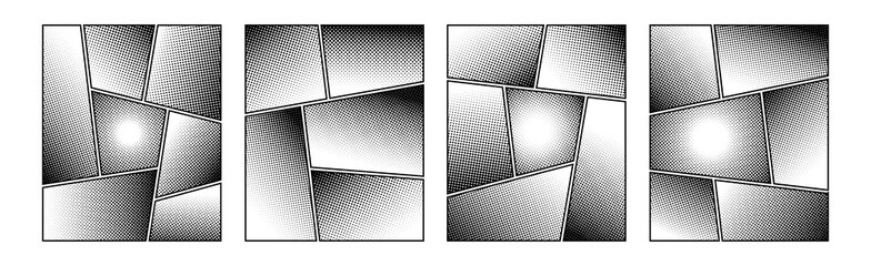 Set of white and black halftone comic manga book template screentone page. Pop art halftone frame background with dot effects. Vector cartoon illustration