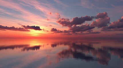 Wall Mural - Vibrant sunset over tranquil ocean with reflections of colorful clouds