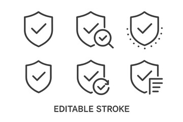 collection of shield icons representing security and verification with editable stroke design elemen