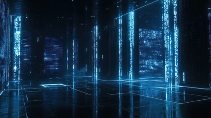 Wall Mural - futuristic blue digital data center with glowing lines and code.