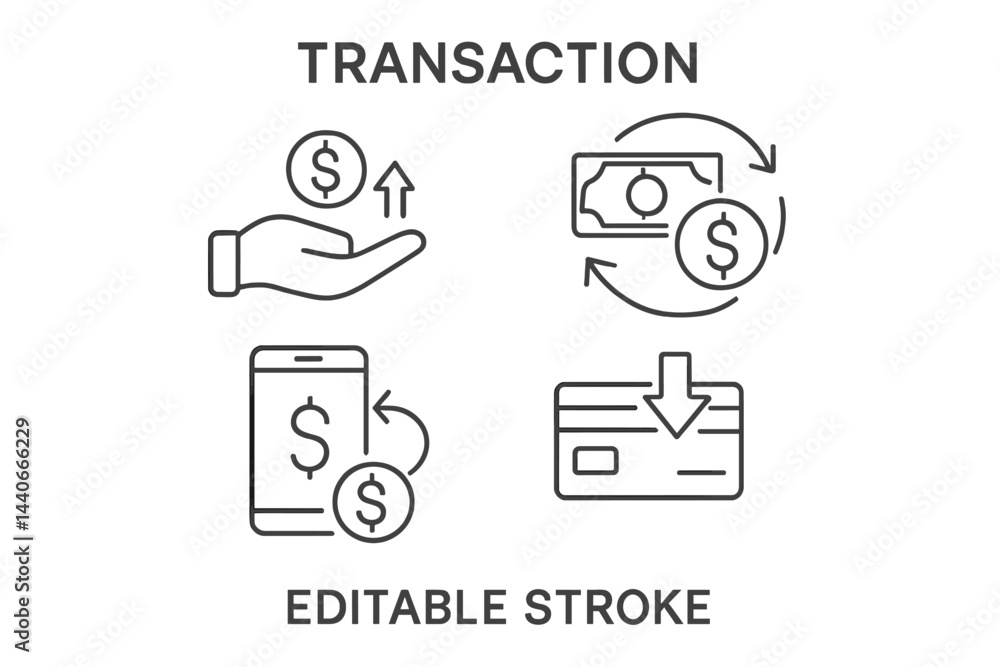 Shape For Transaction Financial transaction icons illustrating payment methods and money ...
