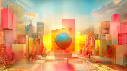 Wall Mural - colorful abstract city landscape at sunset featuring geometric shapes and a glowing globe