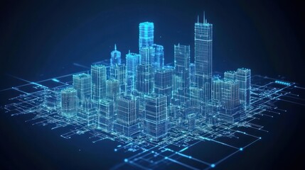Wall Mural - futuristic digital city skyline, wireframe buildings on circuit board.
