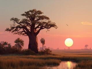 Wall Mural - Serene african savanna landscape with baobab tree at sunset reflecting in water with bird flying in the sky and warm light illuminating the horizon