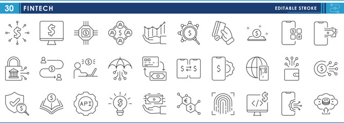 A set of line icons related to Fintech. Technology, secured, finance, transfer, books, money, digital, currency, and so on. Vector editable stroke.