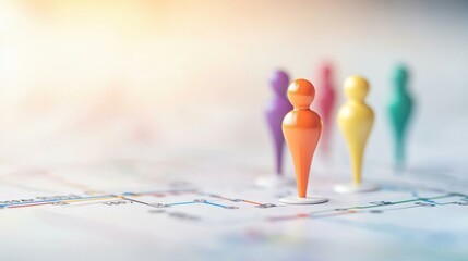 Fototapete - Icon Pin Location Colourful Silhouette Pin location icon with a colorful silhouette of a group of friends, placed on a map with social gathering spots, indicates a popular meeting place