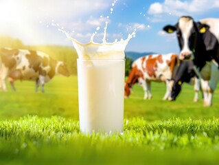 Fototapete - A glass of milk on the grass next to cows.