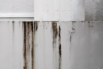 Aufkleber - White Concrete wall texture of building with dirty rain stains,Abstract background of Grey cement wall conecting with old white paint on metal sheet. Construction building problem or preparing concept