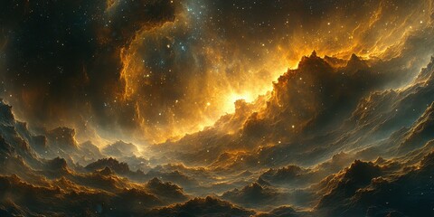Wall Mural - vibrant cosmic clouds illuminated by golden light in a stunning star-filled galaxy view in deep spac
