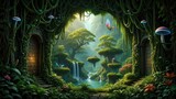 Magical lush forest clearing, glowing trees, giant mushrooms, fairy lights, enchanted secret place, fantasy nature realm. Generative AI.