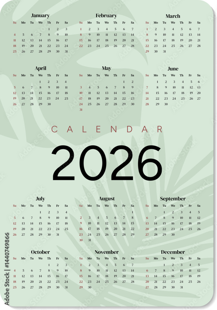 Vertical pocket calendar 2026 with tropical leaves Stock Vector | Adobe ...
