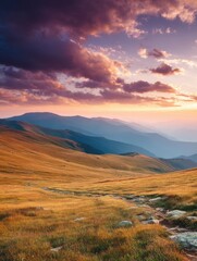 Wall Mural - Breathtaking mountain landscape with golden meadow and dramatic clouds at sunset creating a serene and majestic atmosphere in a natural environment
