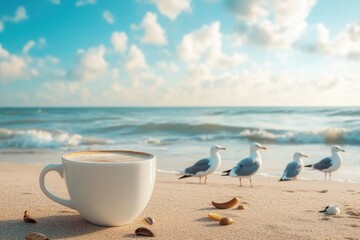 Wall Mural - Enjoying coffee on the beach with seagulls at sunrise in a peaceful coastal setting, Coffee on the beach with seagulls Seamless ing  background