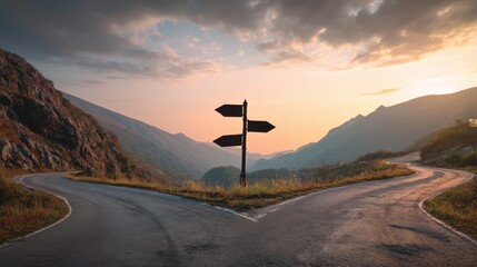 Wall Mural - Crossroads in mountain landscape at sunset with directional signpost offering choices and alternative paths forward under a dramatic sky and golden light