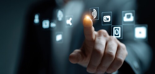 Hand touching futuristic interface digital technology screen web app data world media finger modern