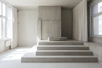 Fototapete - Minimalist architectural space: Concrete stairs leading to a platform with a geometric element, bathed in light, framed by neutral curtains.