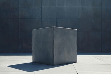 Aufkleber - A minimalist architectural scene featuring a gray cube, set against a matching concrete wall and floor in a monochromatic gray tone.