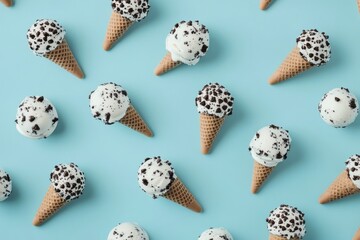 Poster - Array of Ice Cream Treats: An overhead shot showcases several cones topped with cookies and cream ice cream on a soft blue backdrop.