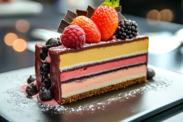 Poster - A decadent slice of layered cake, adorned with fresh berries and chocolate, creates a visually appealing and mouthwatering dessert.