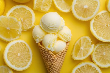 Poster - A tasty treat of lemon flavored ice cream scoops on a waffle cone surrounded by lemon slices on a bright yellow background.