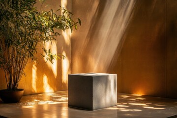 Aufkleber - Sunlit minimalist interior with a concrete cube, potted plant, and dappled light creating a serene and contemporary space.