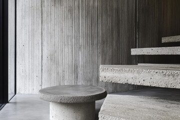 Poster - Minimalist concrete furniture and architectural details create a modern, stark interior. Clean lines and textures define this interior space.