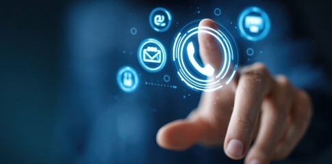 Digital technology contact support customer service interface web hand blue call help data touch