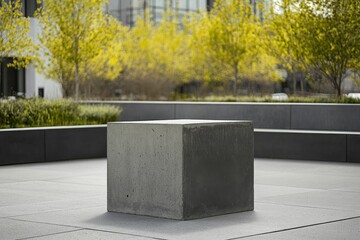Aufkleber - A concrete block sits on a paved surface, surrounded by greenery, showcasing a modern, minimalist architectural design.
