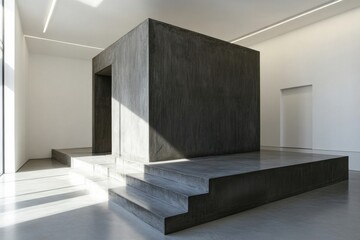 Fototapete - Minimalist monolith structure on raised concrete platform in bright, open space. Simple, clean design. Interior architecture, indoor, daylight.