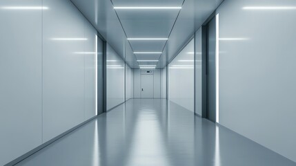  Empty, futuristic hallway with smooth, light gray surfaces.