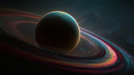 Wall Mural - A planet with rings floating in the vastness of space, exuding a sense of mystery and wonder. The planet and rings, illuminated by the distant sun, present a captivating celestial view