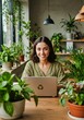 © CreativAI - Mujer sonriente trabajando en un portátil ecológico rodeada de plantas