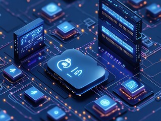 Fototapete - Cyber Security Network Server Data Protection Digital Technology Science And Engineering Technology Industry Software Development Machine Learning Artificial Intelligence Cloud Computing