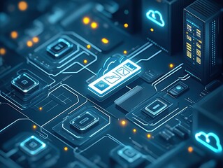 Fototapete - A futuristic representation of a cloud computing system with various technological components and symbols.