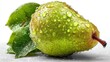 © กาซือมะ สาและ - a close-up of a fresh, juicy pear with smooth skin on a white isolated background, sweet and refreshing design