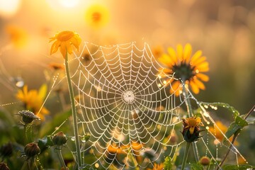 Macro shot of a dew-kissed spider web, glistening in the morning light