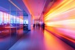 © MSTSONIA - Hallway with blurred figures and glass walled office space with vibrant colors and light streaks