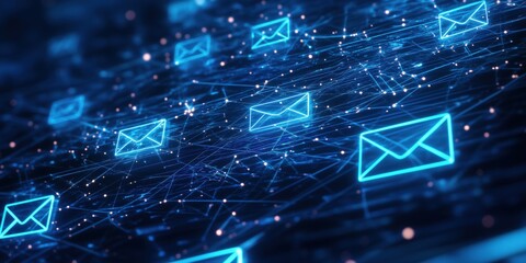 Wall Mural - digital communication network with glowing email icons and interconnected lines
