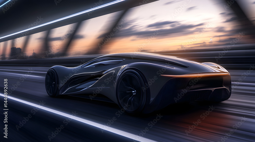 A futuristic concept car with a sleek aerodynamic design speeding on a futuristic road.