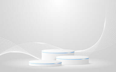 Aufkleber - White podium with elegant white wave lines on the back for product presentation. Display of cosmetic products. Stage or podium. vector illustration	