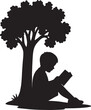© Mohaiminul - Black silhouette design of a little boy reading book under tree vector illustration.