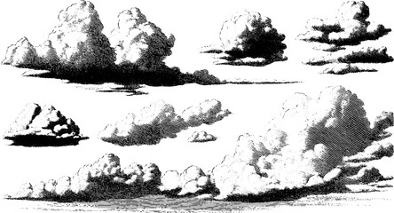 Vintage 1950s black and white cloud illustrations for retro design and decor