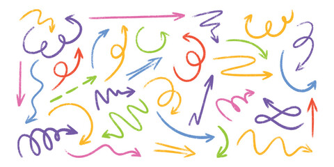 Wall Mural - pastel colored pencil arrow sketches - hand drawn doodle swirls, pointers, curves. artistic chalk sc